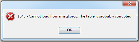 cannot load from mysql.proc the table is probably corrupted